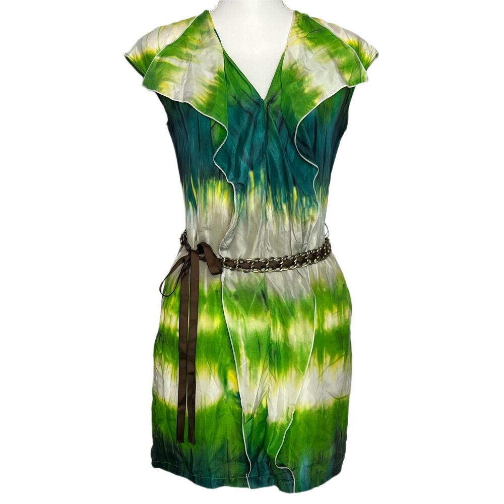 Etcetera Green Womens Ruffle V-neck Belted  Watercolor Silk Midi Dress Size‎ 2